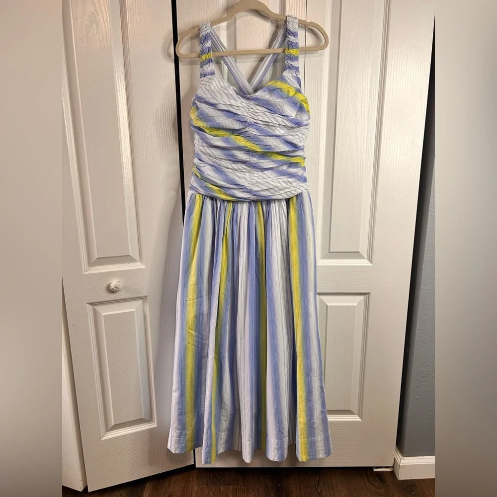 Anthropologie Square-Neck Drop-Waist Smocked Maxi Dress‎ Size Medium Blue Yellow - Picture 2 of 10
